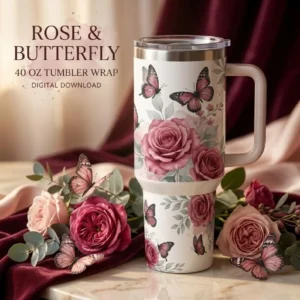 Pink Butterfly Floral 40oz Tumbler Wrap